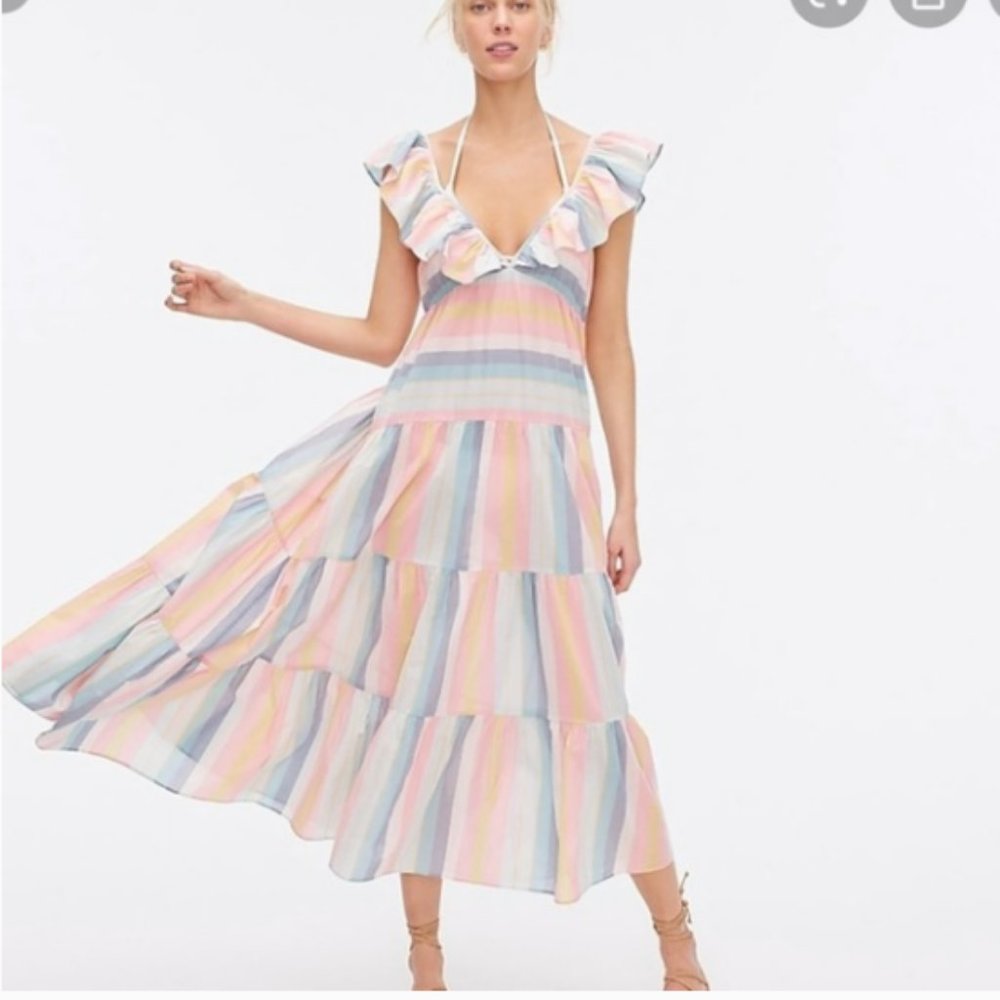 J Crew V Neck Tiered Ruffle Dress Sunset Stripe